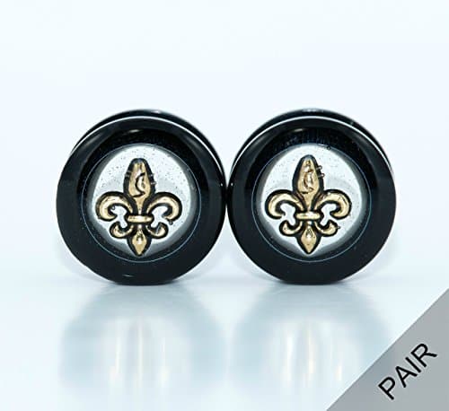 Pair of Handmade Gold and Black Fleur De Lis Plugs - 0g, 00g, 1/2, 9/16, and 5/8 inch