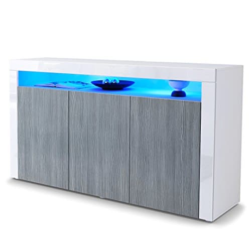 Vladon Valencia Sideboard, Cabinet with 3 Doors and 1 Open Compartment, White matt/avola-anthracite/white high gloss (155 x 92 x 40 cm)