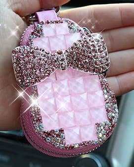 Immitated Diamond Car Key Chain Coin Holder Zipper Case Remote Wallet Bag Girl Toyota Honda Cadillac Ford (White)