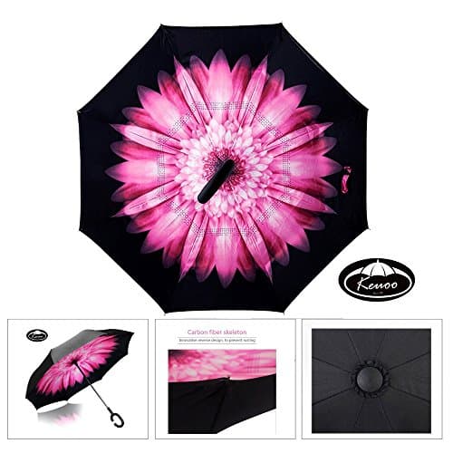 KEUOO Travel Inverted Umbrella for Driver C-Hook Reverse Hands Free Umbrella (Pink Daisy)