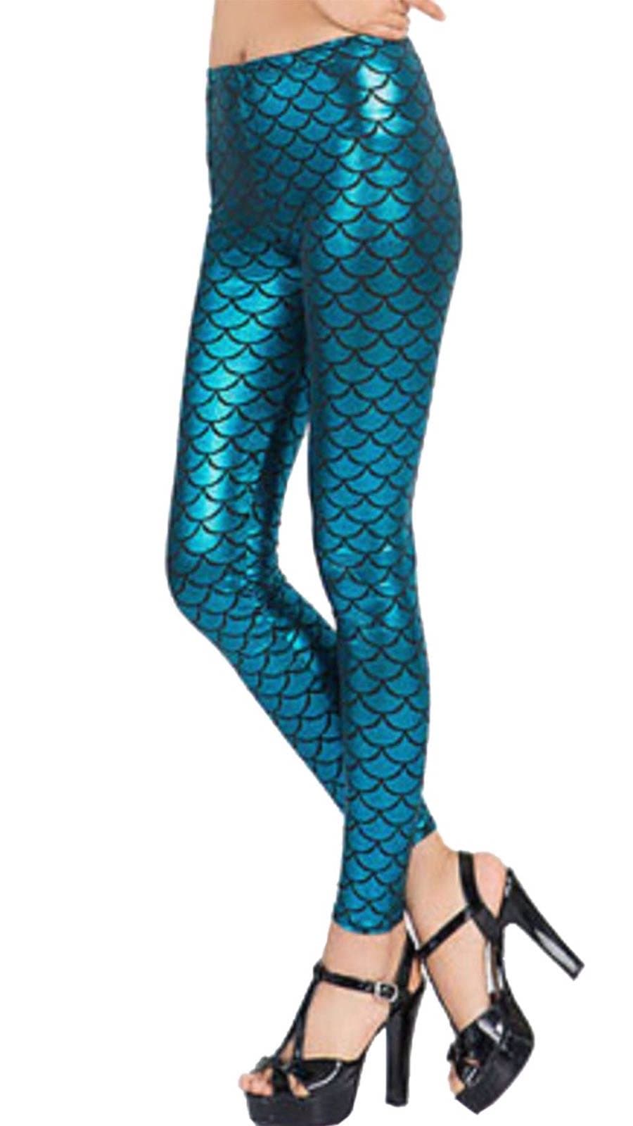 GirlzWalk Women's Ladies Mermaid Fish Scale Print Stretch Metallic Leggings Pants