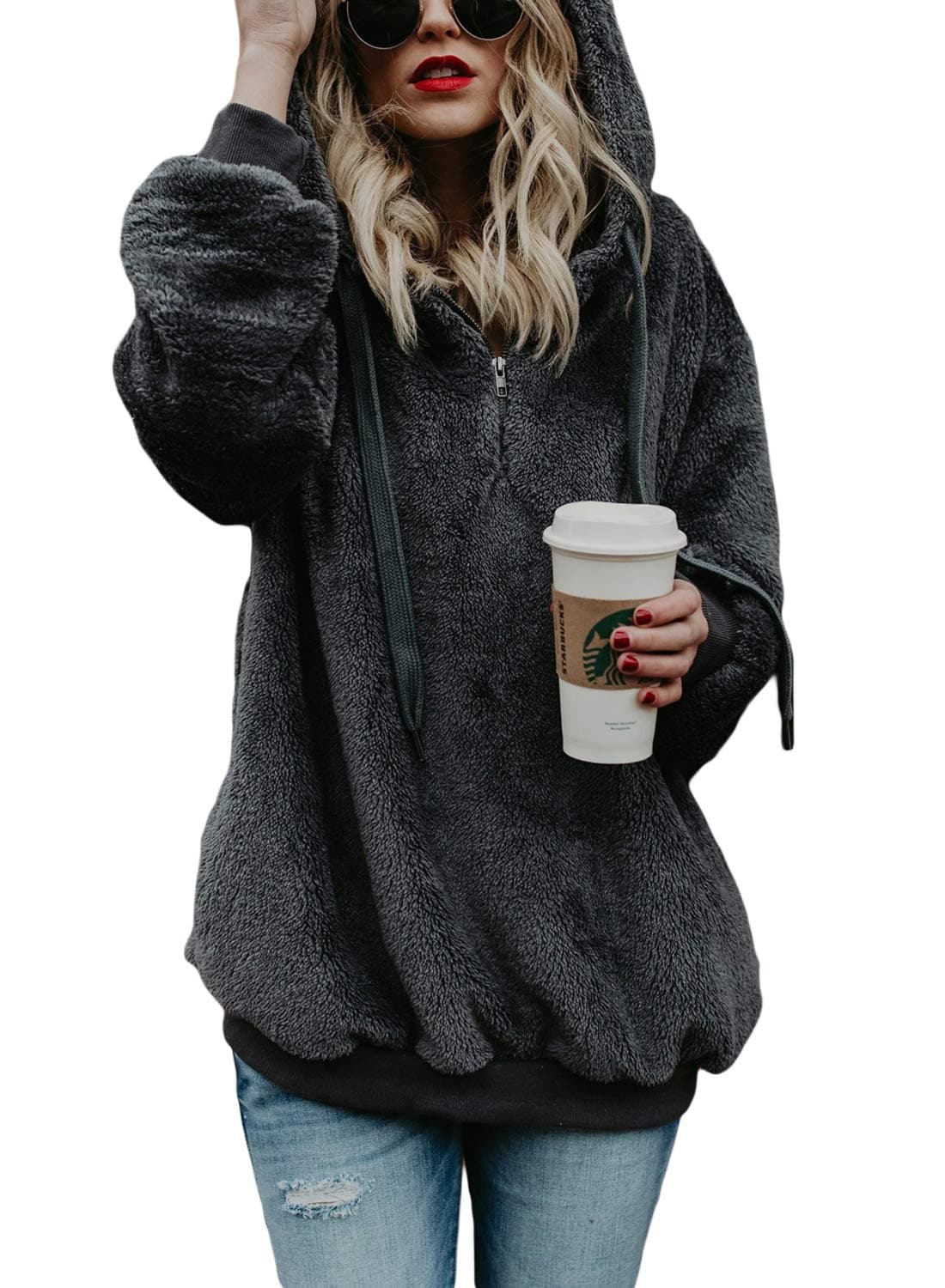 AcelittWomens Oversized Fuzzy Fleece Sweatshirts with Pockets,S-XXL