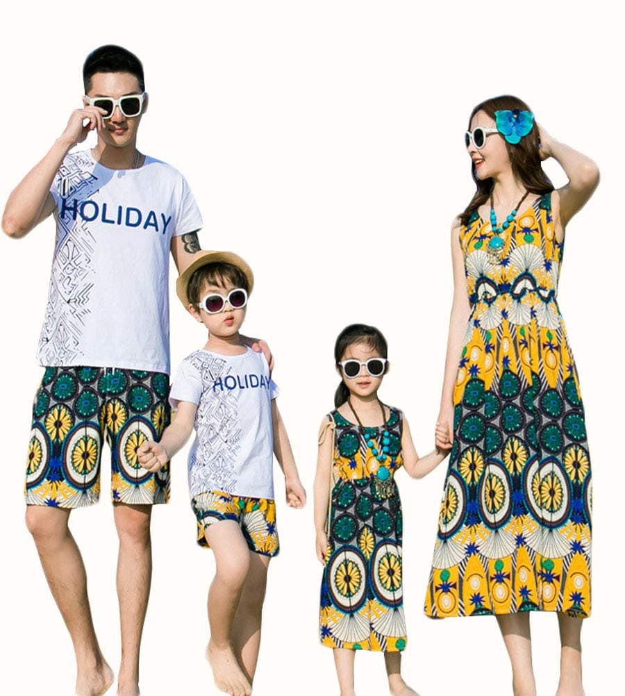 Elufly Summer Family Matching Outfits Floral Mommy Daughter Dresses & Daddy Babies T-Shirt Pants Parent-Child Clothing (Dad A, L)