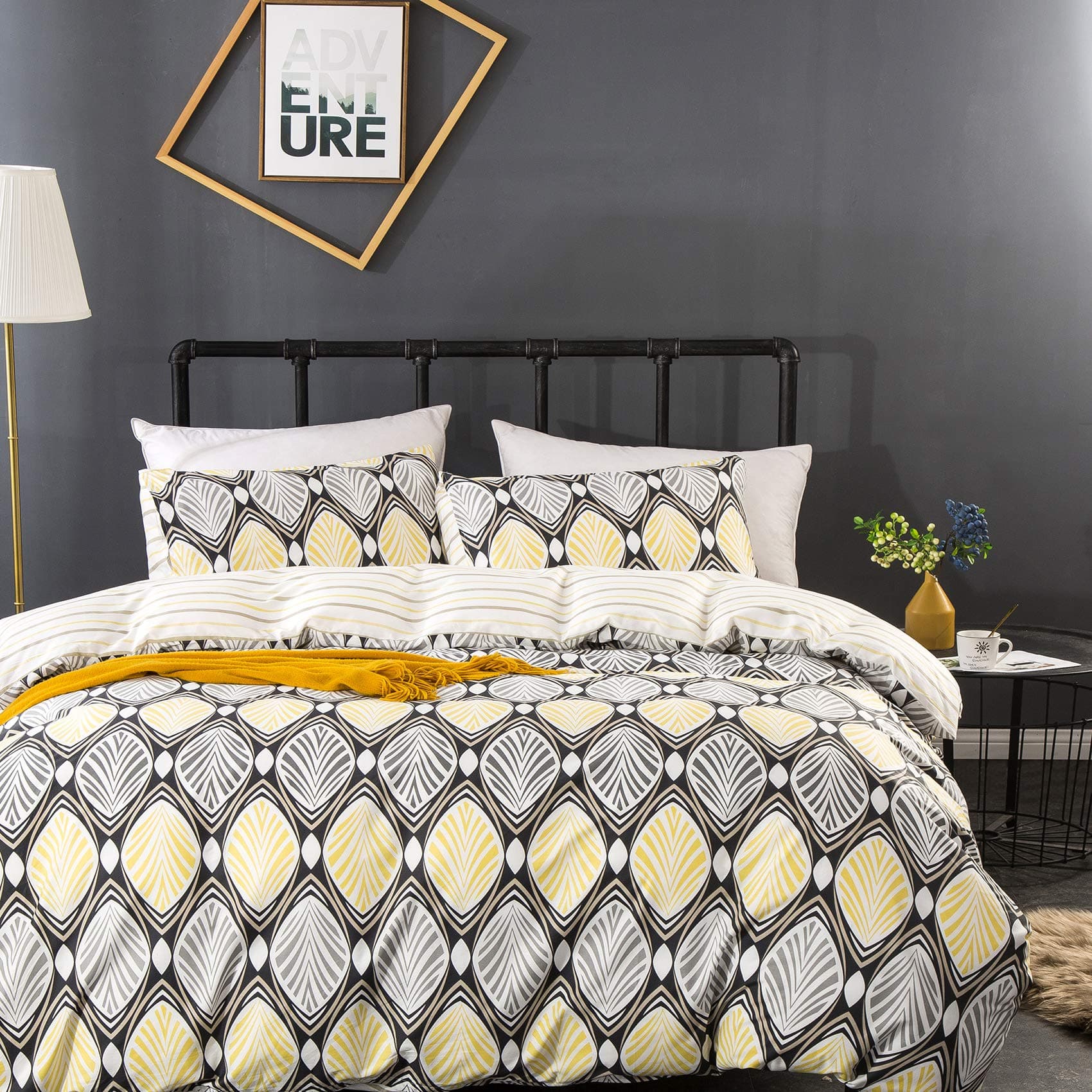 Wellboo Bohemian Bedding Cover Yellow Duvet Cover Gold Queen Geometric Quilt Covers Luxury Cotton Duvet Cover Full Ethnic Boho Duvet Cover Modern Chic Bedding Sets Women Yellow and Grey Bedding