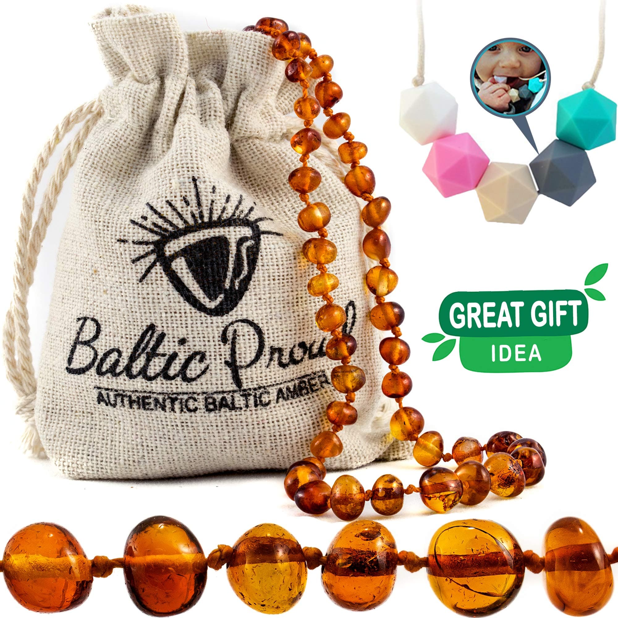 Amber Teething Necklace For Babies Gift Set (Unisex)(Cognac) +FREE Silicone Teething Necklace - Anti Inflammatory, Natural Drooling & Teething Pain Relief, Highest Quality, Certified Baltic Amber