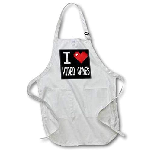 3dRose apr_118950_4 Geeky Old School Pixelated Pixels 8 Bit I Heart I Love Video Games Full Length Apron with Pouch Pockets, 22 by 30-Inch, Black, with Pockets