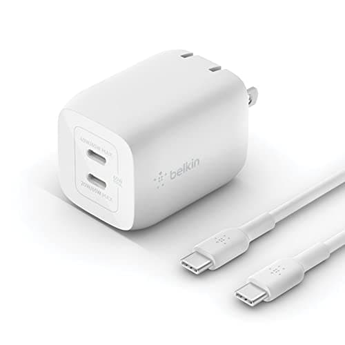 Belkin 65W Dual USB Type C Wall Charger, USB C-C Cable Included, Fast Charging Power Delivery 3.0 with GaN Technology for iPhone 13, 12, Pro, Pro Max, Mini, iPad Pro, MacBook, Galaxy, Tab and More
