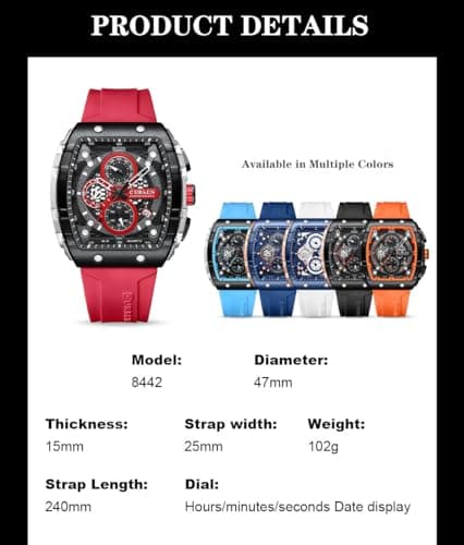 PASOY Luxury Chronograph Watches for Mens Rubber Strap Black Waterproof Date Analog Quartz Watch