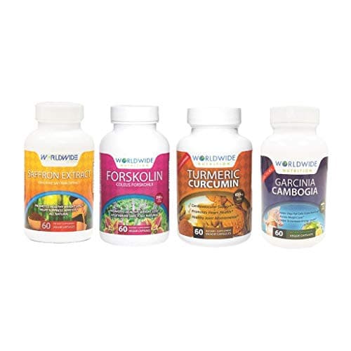 Worldwide Nutrition Vegan Vitamins Kit (Turmeric Curcumin, Forskolin, Garcinia Cambogia, Saffron Extract)