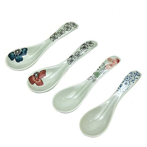 Set of 4 Ceramics Soup Spoon Hand-Painted Flower Porcelain Handle Chinese Asian Rice Spoon Appetizer Hand-crafted Tableware