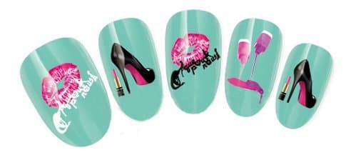 VAGA Nail Art Salon Card of 20pcs Stickers/Decals Decorations with Nails Polish Bottles, High Heels Shoes and Lips Patterns/Designs in Pink, Purple and Black