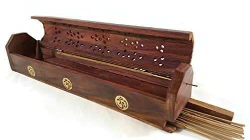 Incense Burner OM for Sticks & Cones, Rose Wood, Coffin Box 12" Handmade in India.