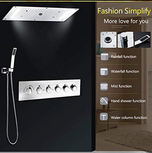 Cascada Vaticano LED Modern Shower System | Multi-Functions Shower head with Handheld Shower | Ceiling Mount | 15"x28" | 6-Knob Thermostatic Valve (Polished Stainless Steel)