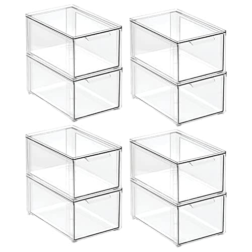 Plastic Stackable Bathroom Storage Organizer Bin with Pull Out Drawer for Cabinet, Vanity, Shelf, Cupboard, Cabinet, or Closet Organization - Lumiere Collection - 8 Pack - Clear