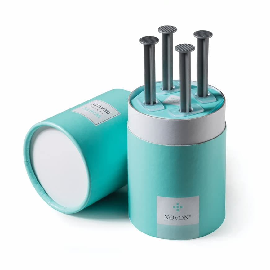 White Dental Beauty Teeth Whitening Kit; 4 Syringes of 3 ml Teeth Whitening Gel Powered by NOVON® Technology. Includes Kit, Boil & Bite Whitening Trays, and Case (6% Hydrogen Peroxide)