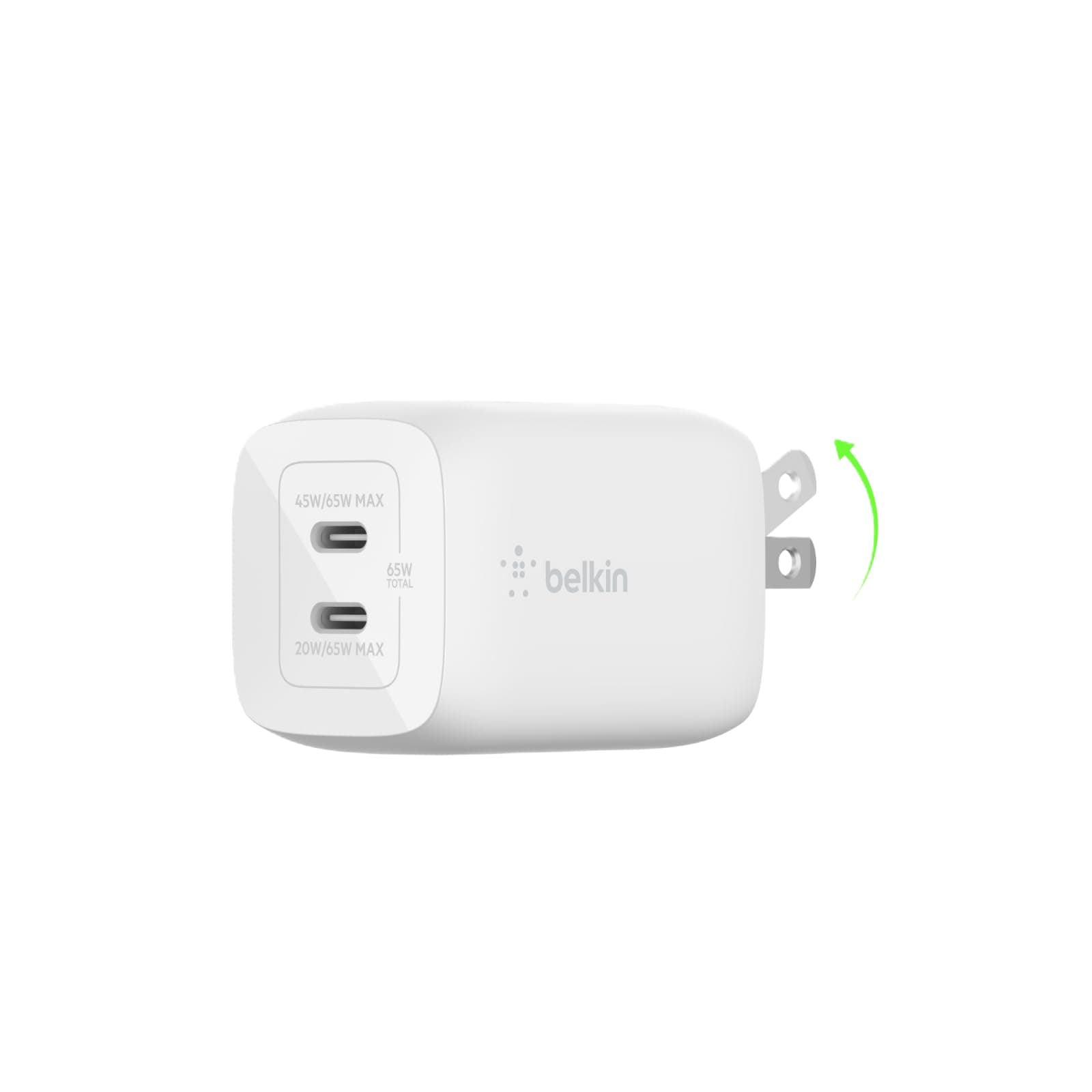 65W Dual USB-C Wall Charger, Fast Charging Power Delivery 3.0 w/GaN Technology for iPhone 15, 15 Pro, 15 Pro Max, 14, 13, iPad Pro 12.9, MacBook, Galaxy S24, & More - White
