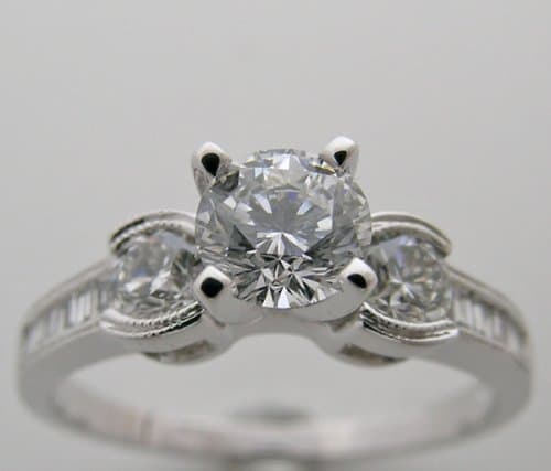 14k White Gold Feminine Diamond Engagement Ring, Baguette Diamond Accents