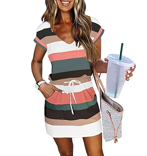Womens Summer Dress Lantern Sleeve Square Neck Tie Front A-Line Double Layer Hem Mini Dresses