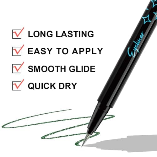 evpct 2Pcs Emerald Dark Green Glitter Shimmer Liquid Eyeliner Eye Shadow Makeup Pencil, Green Face Body Glitter Fake Eyelashes Lashes Mascara Accessories, Sparkle Metallic Colored Eyeliner Waterproof