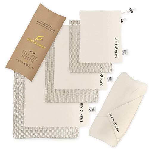 Earth Junky 7 Piece Reusable Produce Bags Organic Cotton Mesh and Muslin Durable - 6 Grocery Bags with 1 Greens Swaddle Sheet - Eco Friendly With Drawstring Set Small Medium Large