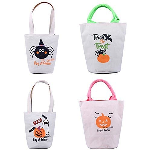 Personalized Halloween Treat Bags 4 Pack Assortment, Customized Canvas Trick Candy Bag with Pumpkins, Jack-o-Lanterns, Ghosts, Witches & More (2 small, 2 big sacks)