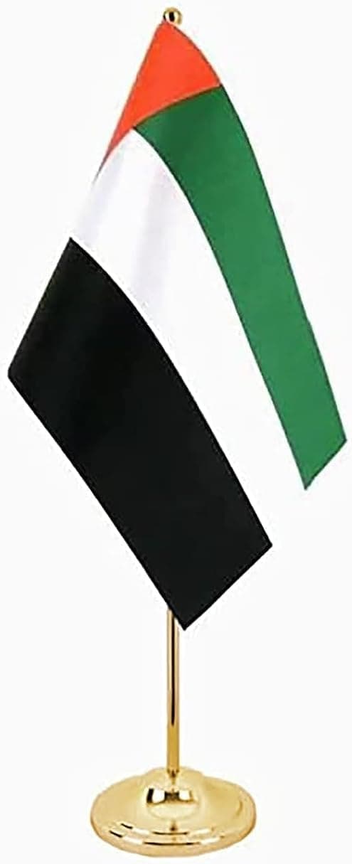 UAE Desk Flag Bright UAE Flag On Wooden Stick With Gold Color Plastic Base (30 CM x 20 CM Flag) For Office, Home National Day And Conferences (1 Count)