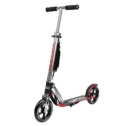HUDORA 205 Self-Powered Kick Scooter for Adults Teens with Two PU Wheels Folding Mechanism Adjustable Height Rear Brake Non-Electric Glider Scooter (Black Red)