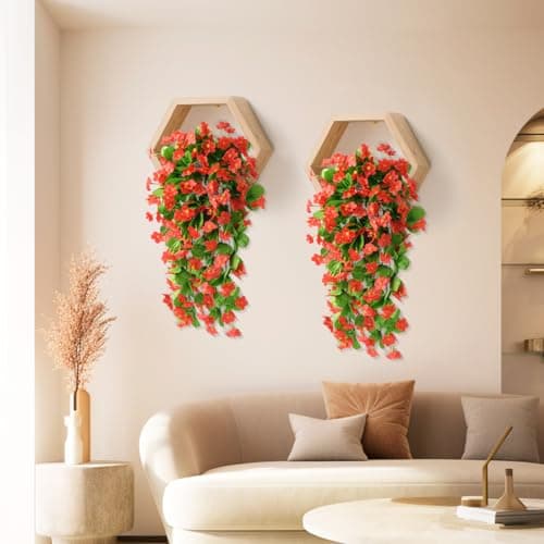 2PCS Artificial Hanging Flowers, Fake Hanging Plants Violet Vines UV Resistant for Wall Home Room Garden Wedding Indoor Outdoor Spring Summer Decoration(Red)
