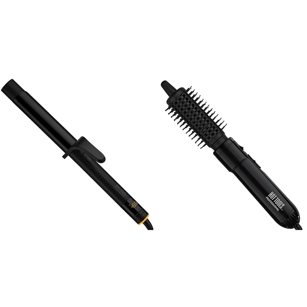Hot Tools Digital Salon Hair Curling Iron for Loose Curls and Waves (1-1/4 inch) & Hot Air Styling Brush for Styling and Touch Ups (1-1/2 inch)