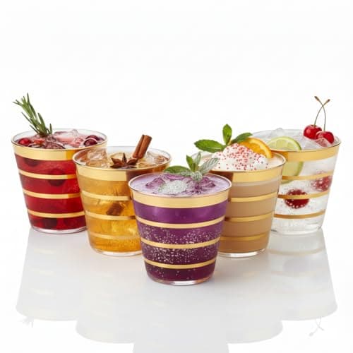 Perfect Settings 110 Gold 4 Line Clear Plastic Cups 9oz - Holiday Wedding Party Elegant Trimmed Disposable Cups, 4 Line Gold Party Cups