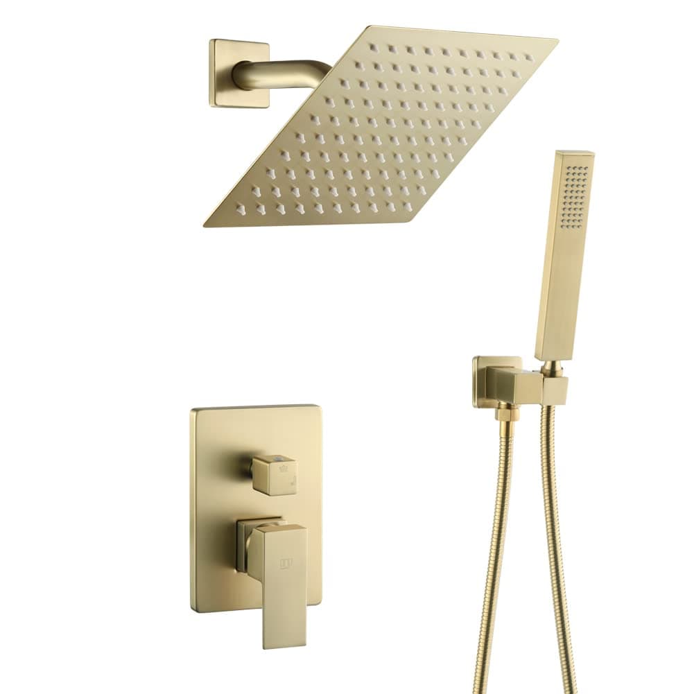 POP SANITARYWAREShower System Brushed Gold Bathroom Rainfall Shower Faucet Set Complete Wall Mounted 8 Inch Shower Head and Handle Set with Rough-in Valve Body and Trim Kit
