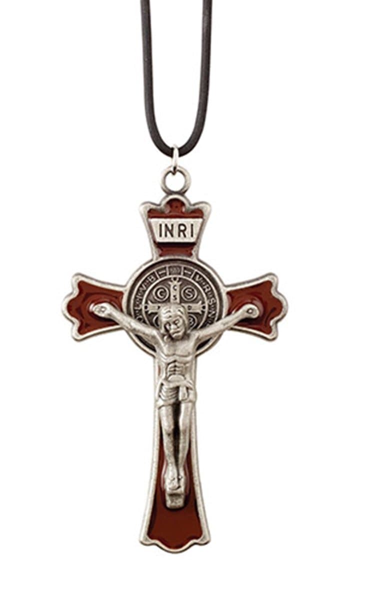 Silver Tone Saint Benedict Brown Enamel Crucifix Pendant with Black Cord Necklace, 3 Inch