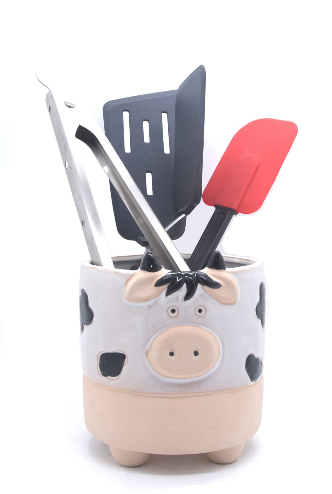 MONMOB Ceramic Cow Utensil Holder Farmhouse Kitchen Décor Kitchen Crock Storage Rustic Cooking Utensil Crock Counter Utensil Organizer