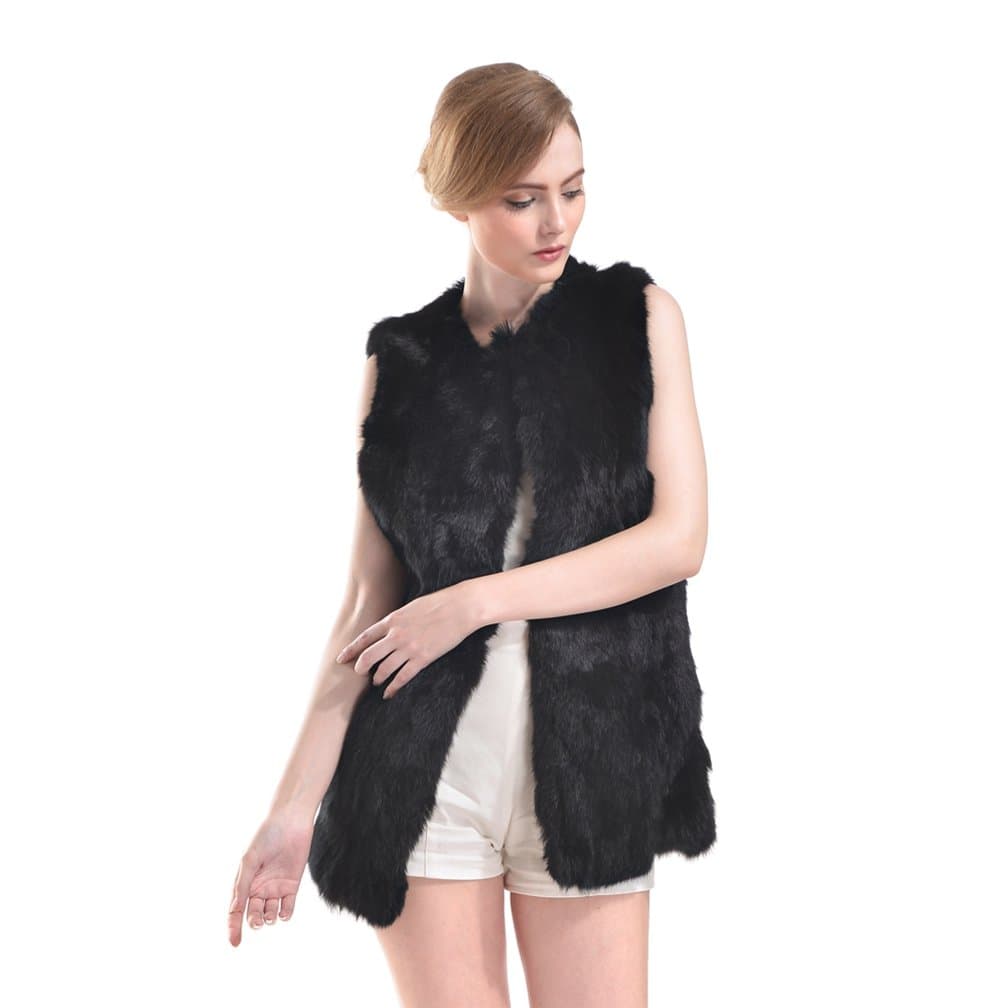 OLLEBOBO Women's Elegant Genuine Rabbit Fur Vest Without Belt