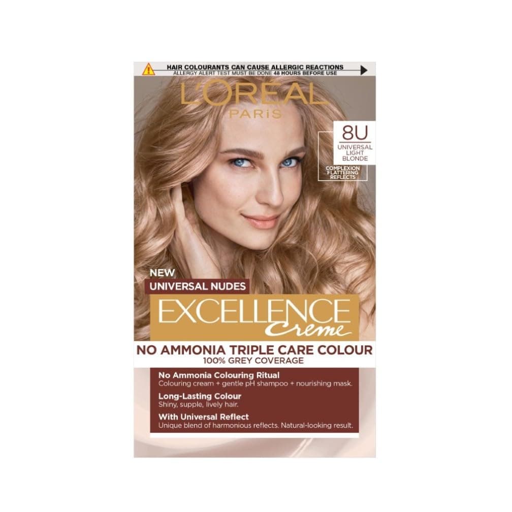 L'Oréal Paris Excellence Universal Nudes Hair Colour, Ammonia-Free, Micro-Keratine, Triple Care, 100% Grey Coverage, Radiance Boosting, 8U Universal Light Blonde