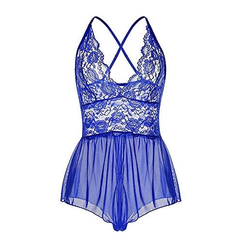 Women's Lingerie SpicyIzzy Open Crotch See Through Underwear One Piece V-String Lace Mess Crotchless Miniskirt Undergarment Babydoll Dress Plus Size (M, Blue)