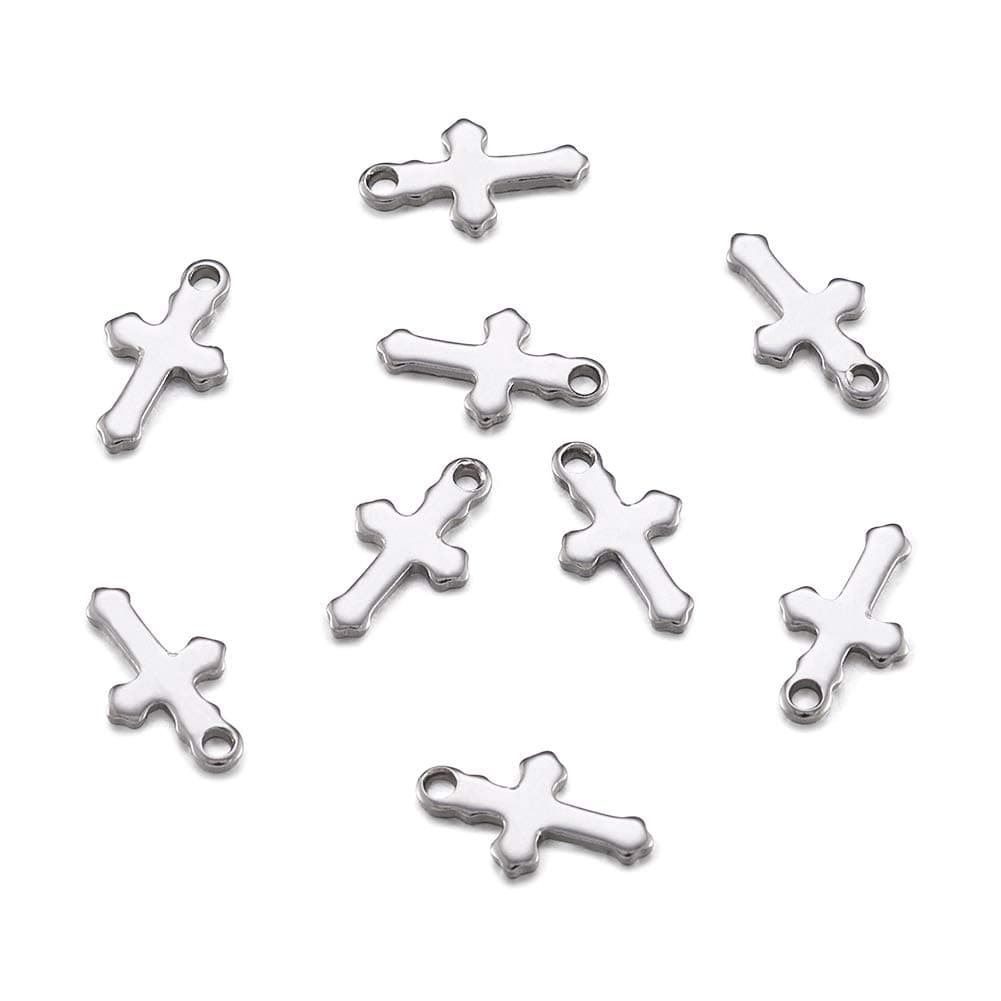 KISSITTY 100pcs 304 Stainless Steel TINY Size Solid Polished Cross Pendant Cross Charms Chainmail dangles for Necklace Earring Bracelet Haircraft Jewelry Making 12x7x1mm