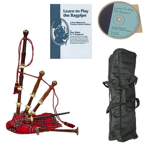 Roosebeck Half Size Sheesham Chalice Style Bagpipe with Red Tartan Cover Deluxe Package w/Gig Bag, Book and CD