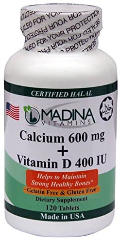 Halal Calcium 600mg + Vitamin D3 400 IU - Made in USA by Madina Halal Vitamins