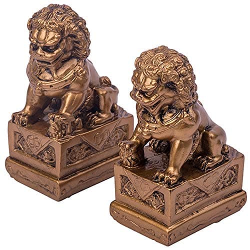 Feng Shui Set of Two Brown Resin Foo Dogs Chinese Guardian Lions Figurines 27775