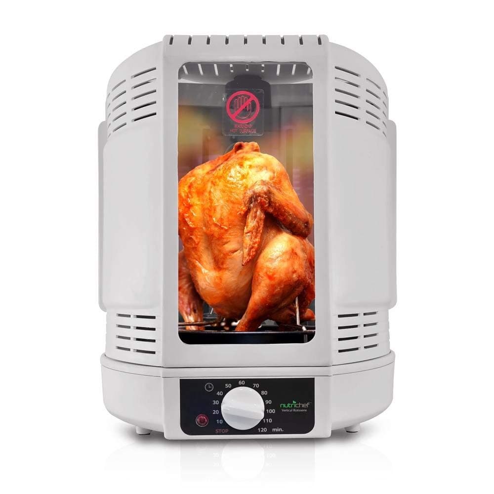 Vertical Rotisserie Oven Roaster - Rotating Shawarma/Kebab Machine with Skewer and Rack, Basket Tower, Roasting Rack, Poultry Tower, Drip Tray - For Meat Chicken Turkey Lamb - PKRT15 White