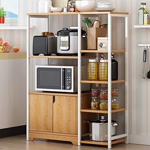 4-Tier Kitchen Microwave Oven Stand with Storage Cabinet,Wooden Storage Rack,for Spice,Utensils, Vegetable, Fruit,Save Space Organizer Shelf,Yellow