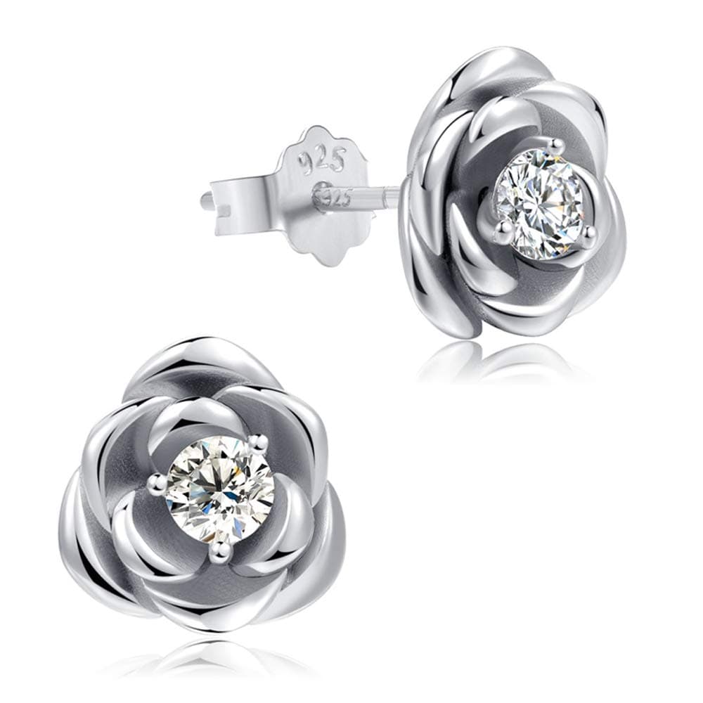 Flower Stud Earrings Sterling Silver, 5 Styles Options, Rose | Sunflower | Daisy | Lotus | CZ (CZ Flower)