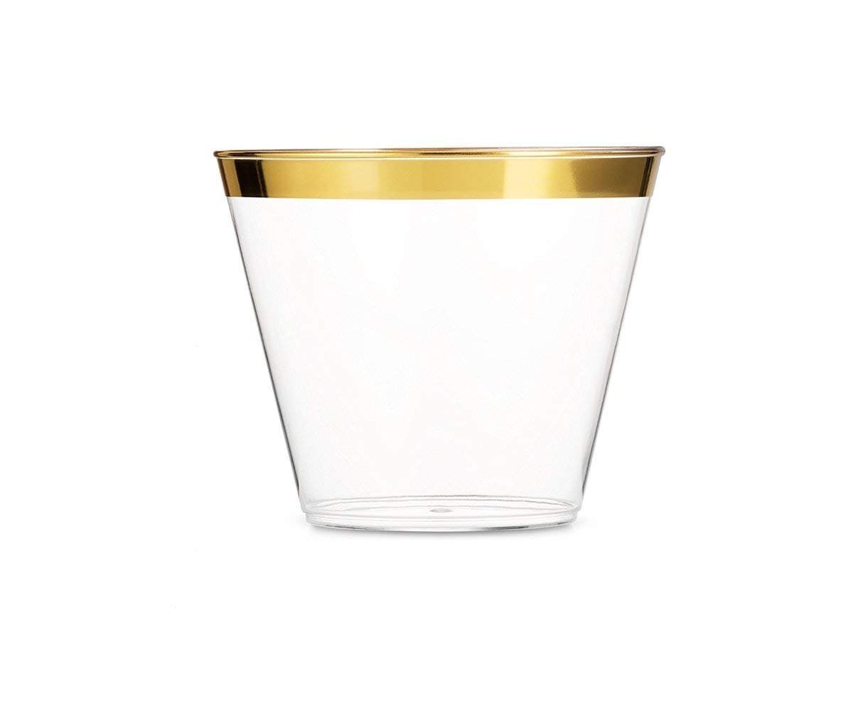 Golden Plastics - 100 Gold Rimmed Plastic Cups ~ 9 Oz Clear Gold Plastic Cups Old Fashioned Tumblers ~ Gold Rimmed Cups Fancy Disposable Wedding Cups ~ Elegant Party Cups with Gold Rim