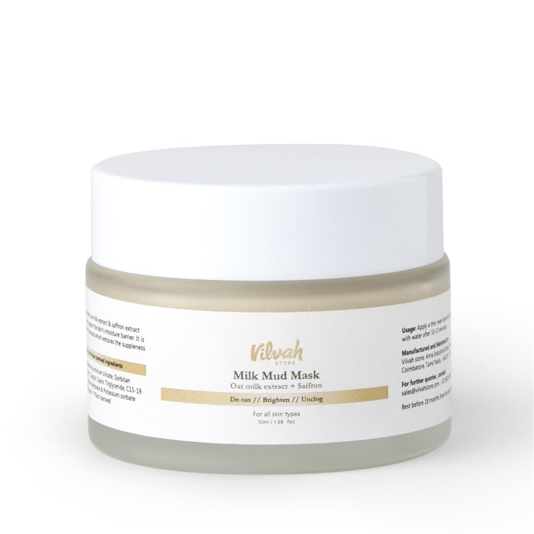Vilvah Milk Mud Face Mask for De-Tan & Bright Skin | Deep Cleansing, Oil Control & Treats Clogged Pores | Oat Milk, Saffron & Kaolin Clay | For All Skin Types, Men & Women | 50ml