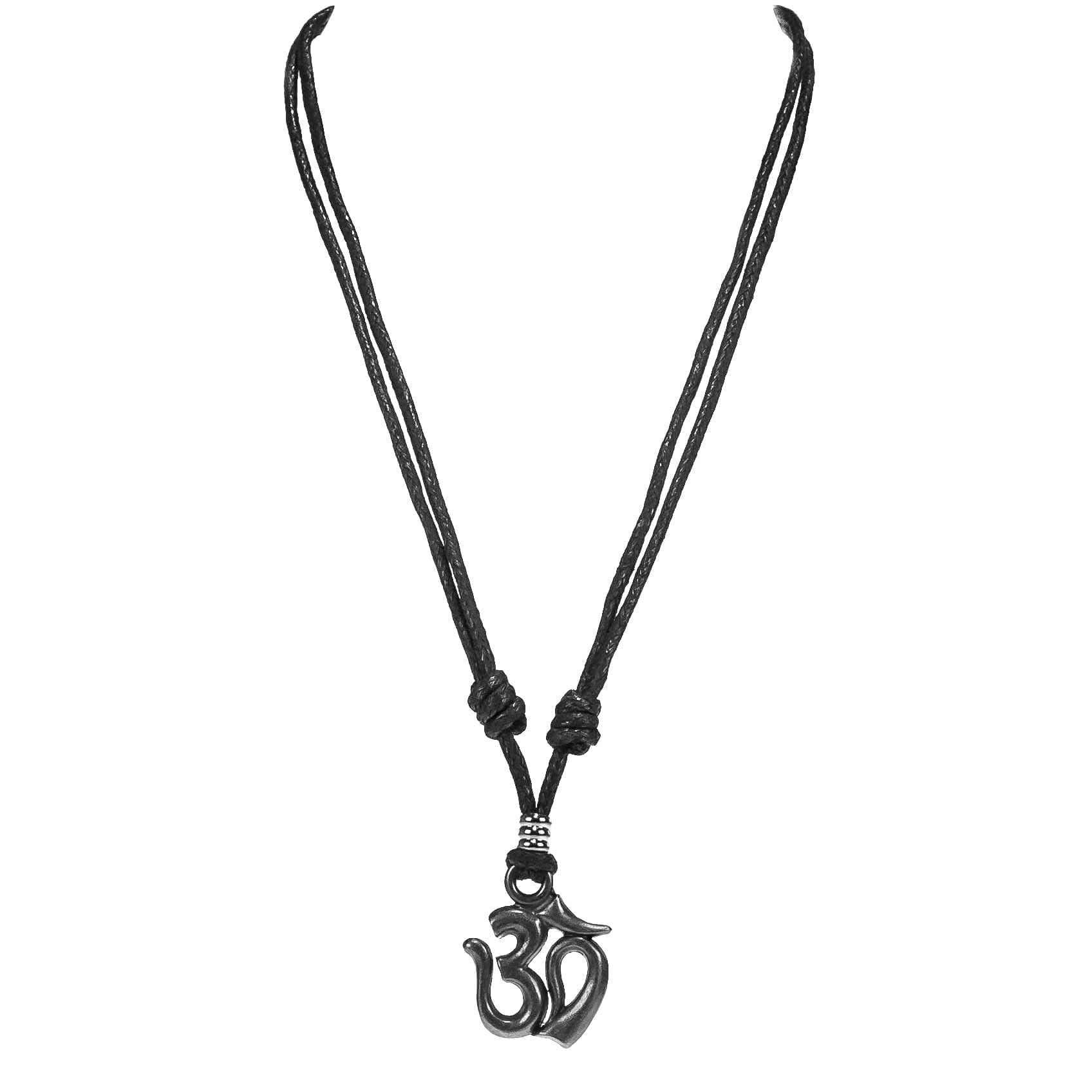 Om on Adjustable Black Cord Necklace (Old Silver Finish)