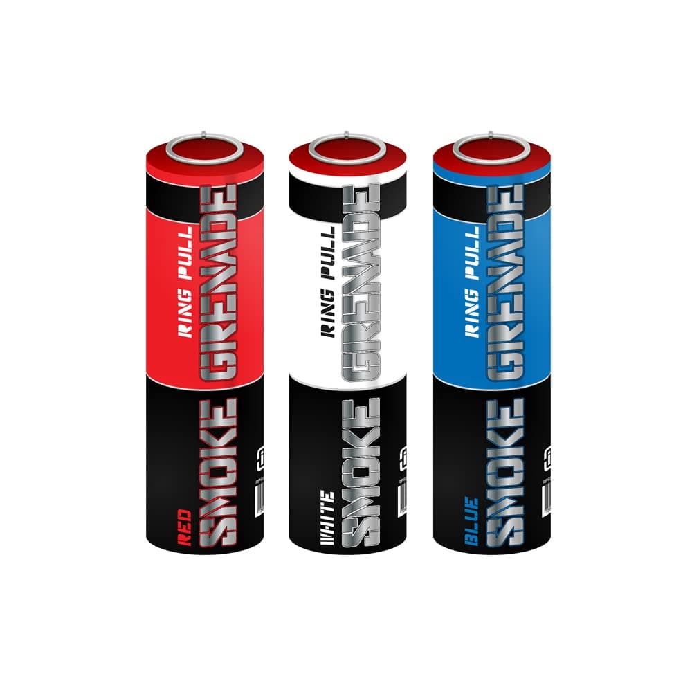 Pack of 3 Ring Pull Smoke Grenade Effects for Paintball, Weddings, Photo-shoots & Special Effects (Red, White, Blue)