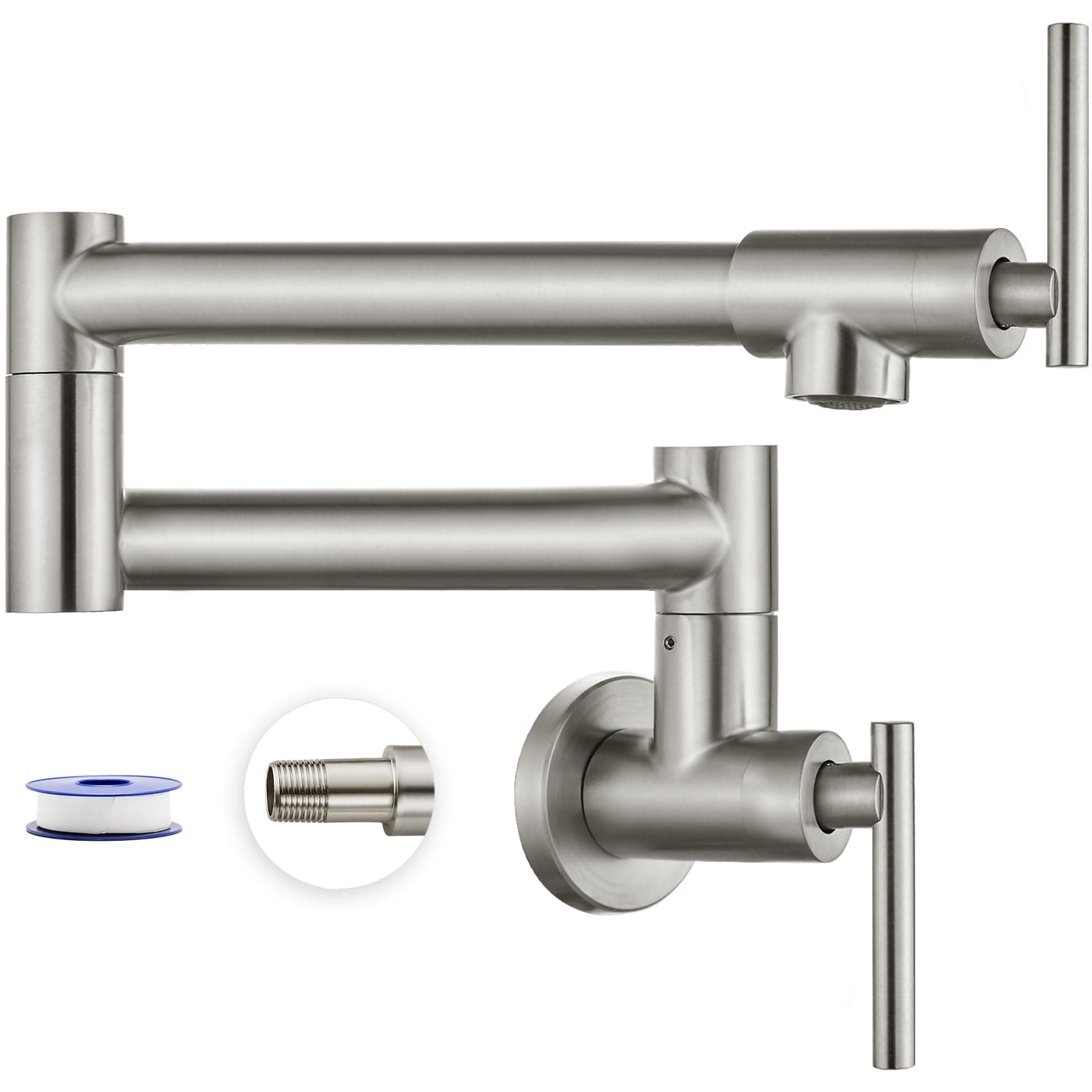 Pot Filler 19 Inch Wall Mount Folding Stretchable Kitchen Restaurant Faucet Stainless Steel Pot Filler Double Joint Swing Arm Two Handles Commercial NPT,T-Shaped Handle,Brushed Nickel