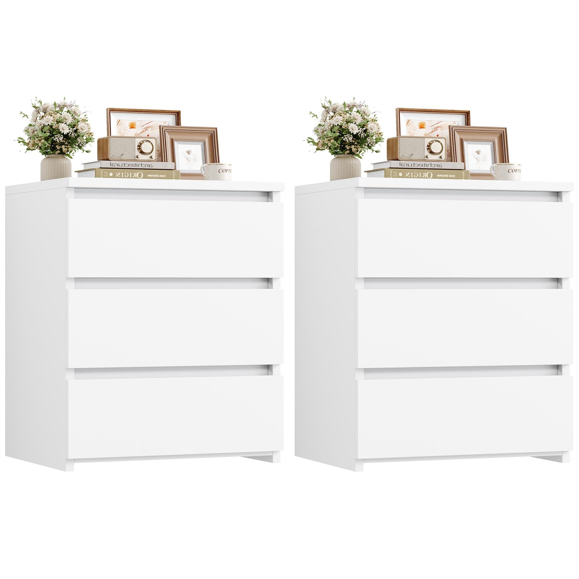 Nightstand Set of 2 White Nightstand with 3 Drawers, White Bedside Table Night Stand for Bedroom with Cut-Out Handle, Sofa Side Table for Bedroom, 17.7W*15D*21.7H