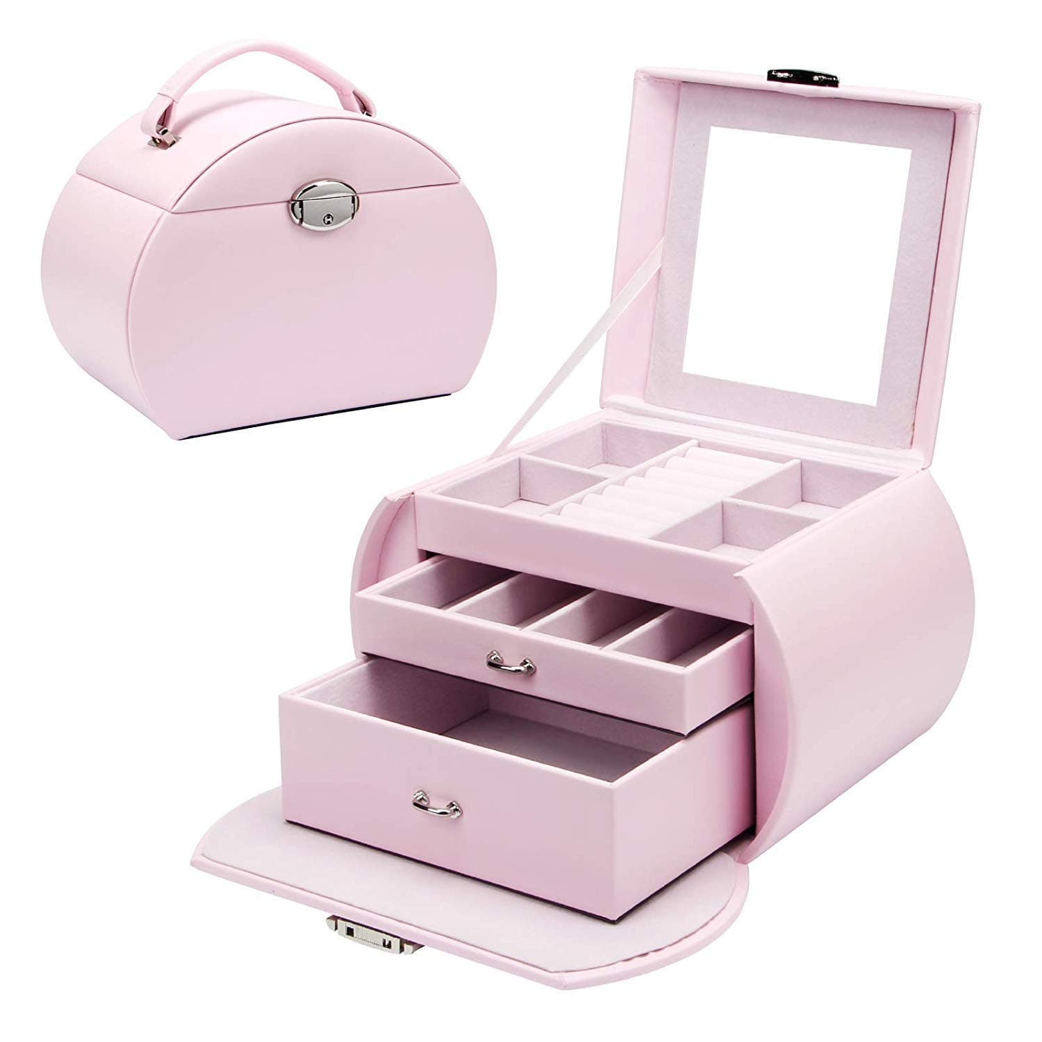 LHZTZKA 3 Tier Lockable Mirror Jewellery Box - Seelux Series Jewellery Box for Necklaces, Watches, Rings, Bracelets, Earrings - Pink
